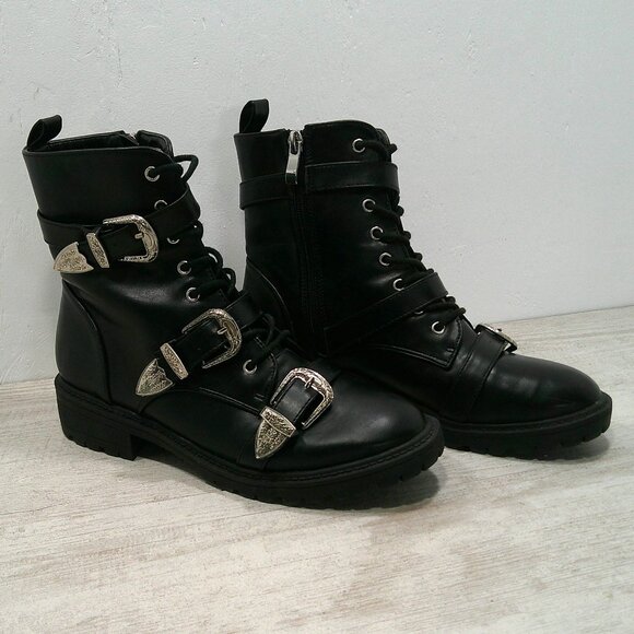 Dolls Kill Combat Moto Lace up Black Boots with Silver Buckle Strap Size 6 - Picture 2 of 13